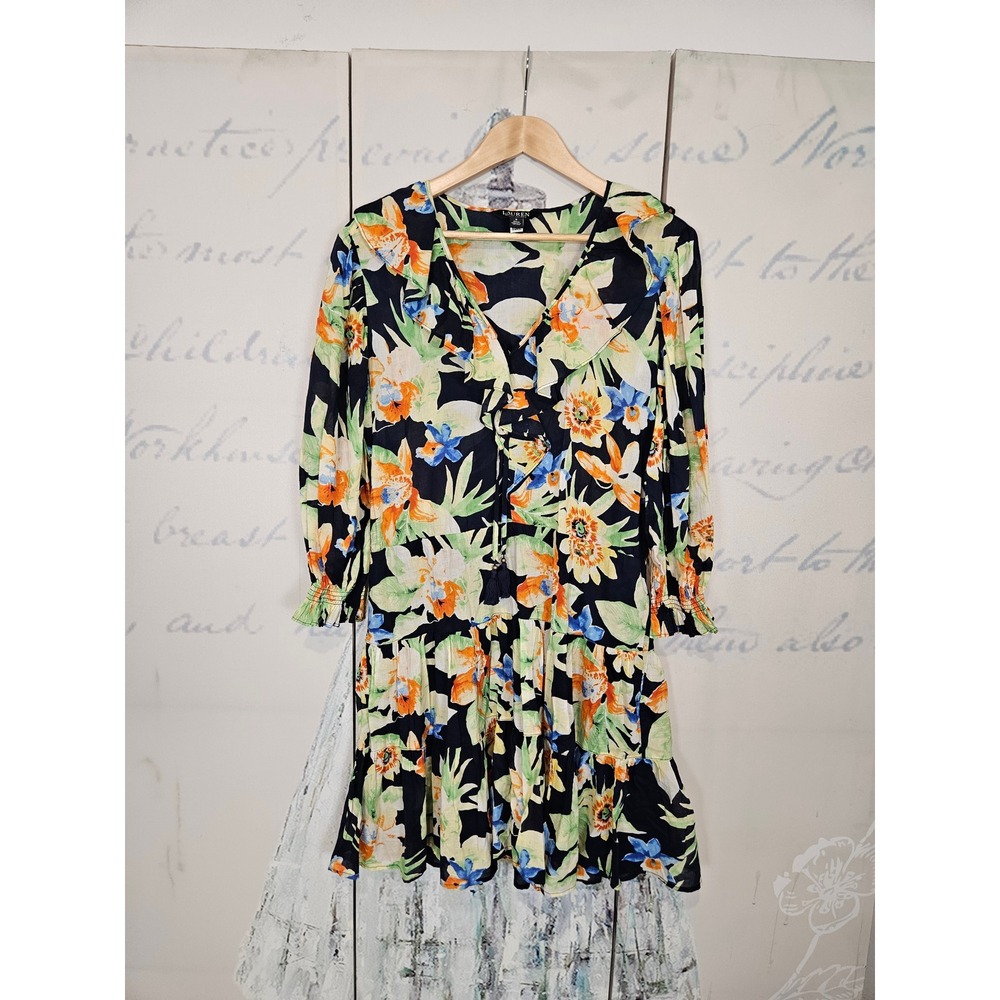 Lauren Ralph Lauren Floral Mini Dress 8 Navy Blue Ruffle Tiered 100% Cotton Boho